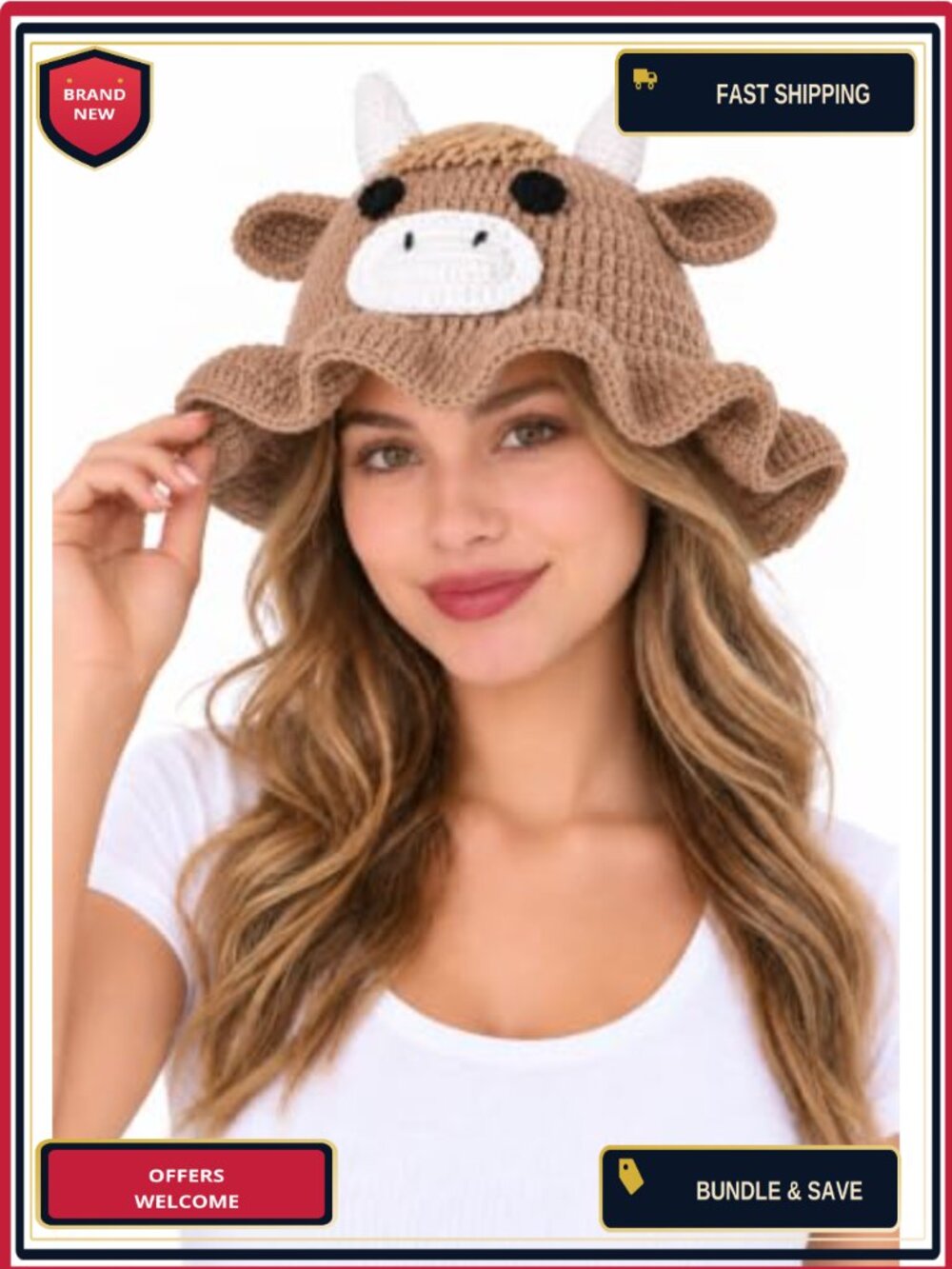 Crochet Highland Cow Bucket Hat 3D Horns Funny Animal Cap Cosplay